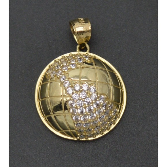Real 10K Solid Yellow Gold Shiny CZ Round Cut cz World globe Pendant 3.4gr - Picture 1 of 7
